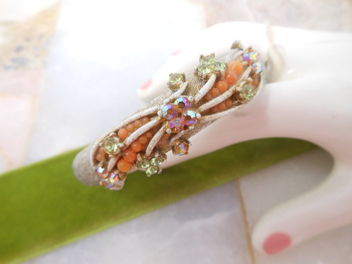 Vintage FLORENZA Ornate Rhinestone Bracelet Clamper Cuff Victorian Revival Designer Jewelry Gift Mid Century, VivianJoel.com