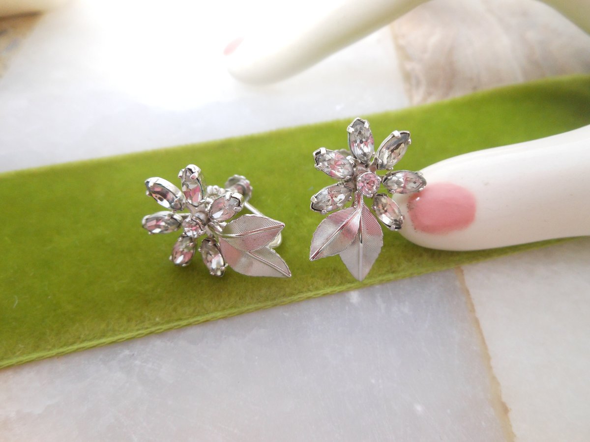 Vintage KREMENTZ Crystal Flower Earrings Designer Rhinestone Petite Screw Back Original Box Mid Century Jewelry Gift, VivianJoel.com