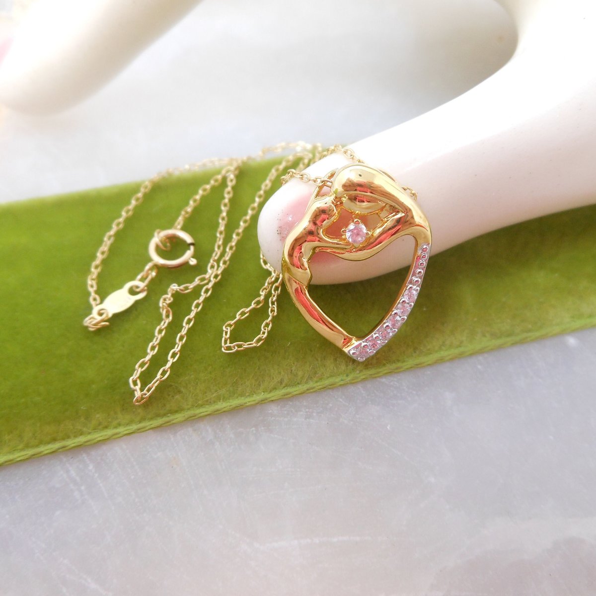 Vintage STERLING SILVER Mothers Gift Necklace Pendant Charm Crystal Gold Vermiel 925 Love Heart Jewelry, VivianJoel.com