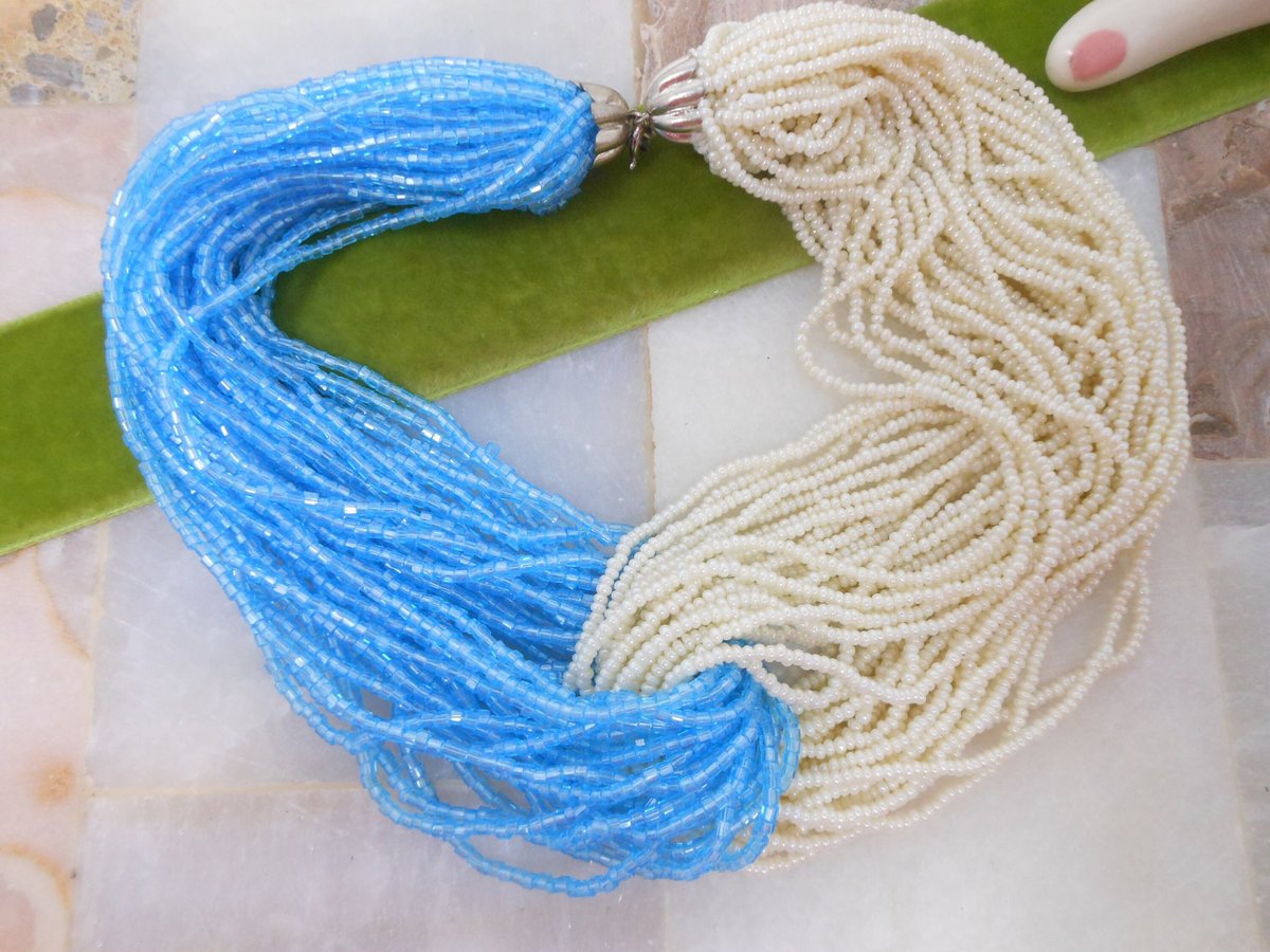 Vintage Blue White Torsade Necklace Glass Seed Bead Bugle 39 46 Strand Collar Mid Century Jewelry Gift, VivianJoel.com