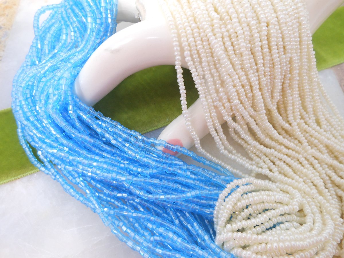 Vintage Blue White Torsade Necklace Glass Seed Bead Bugle 39 46 Strand Collar Mid Century Jewelry Gift, VivianJoel.com