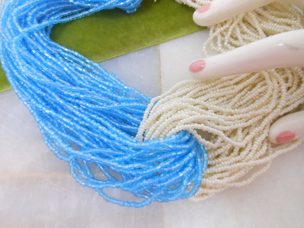 Vintage Blue White Torsade Necklace Glass Seed Bead Bugle 39 46 Strand Collar Mid Century Jewelry Gift, VivianJoel.com