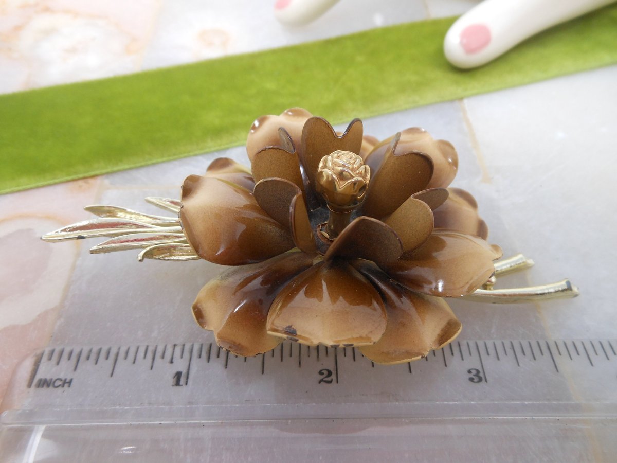 Vintage CORO Flower Brooch Coffee Latte Designer Pin Enamel Mum Mid Century Jewelry Gift, VivianJoel.com