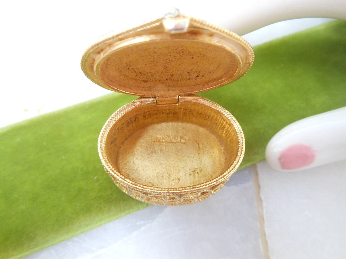 Vintage FLORENZA Trinket Ring Jewelry Pill Box Art Glass Mogul Gold Gilt Mid Century Jewelry Gift, VivianJoel.com