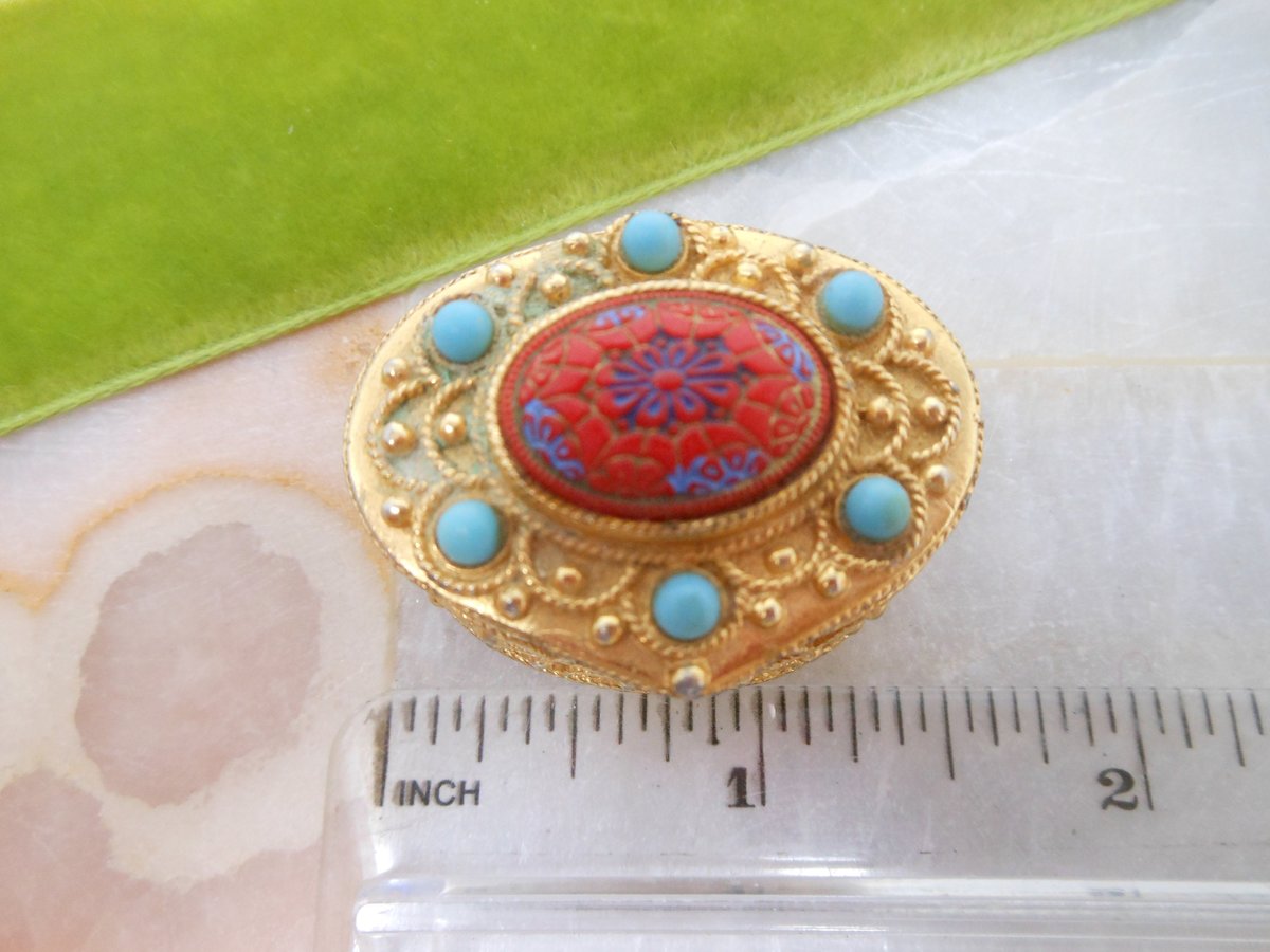 Vintage FLORENZA Trinket Ring Jewelry Pill Box Art Glass Mogul Gold Gilt Mid Century Jewelry Gift, VivianJoel.com