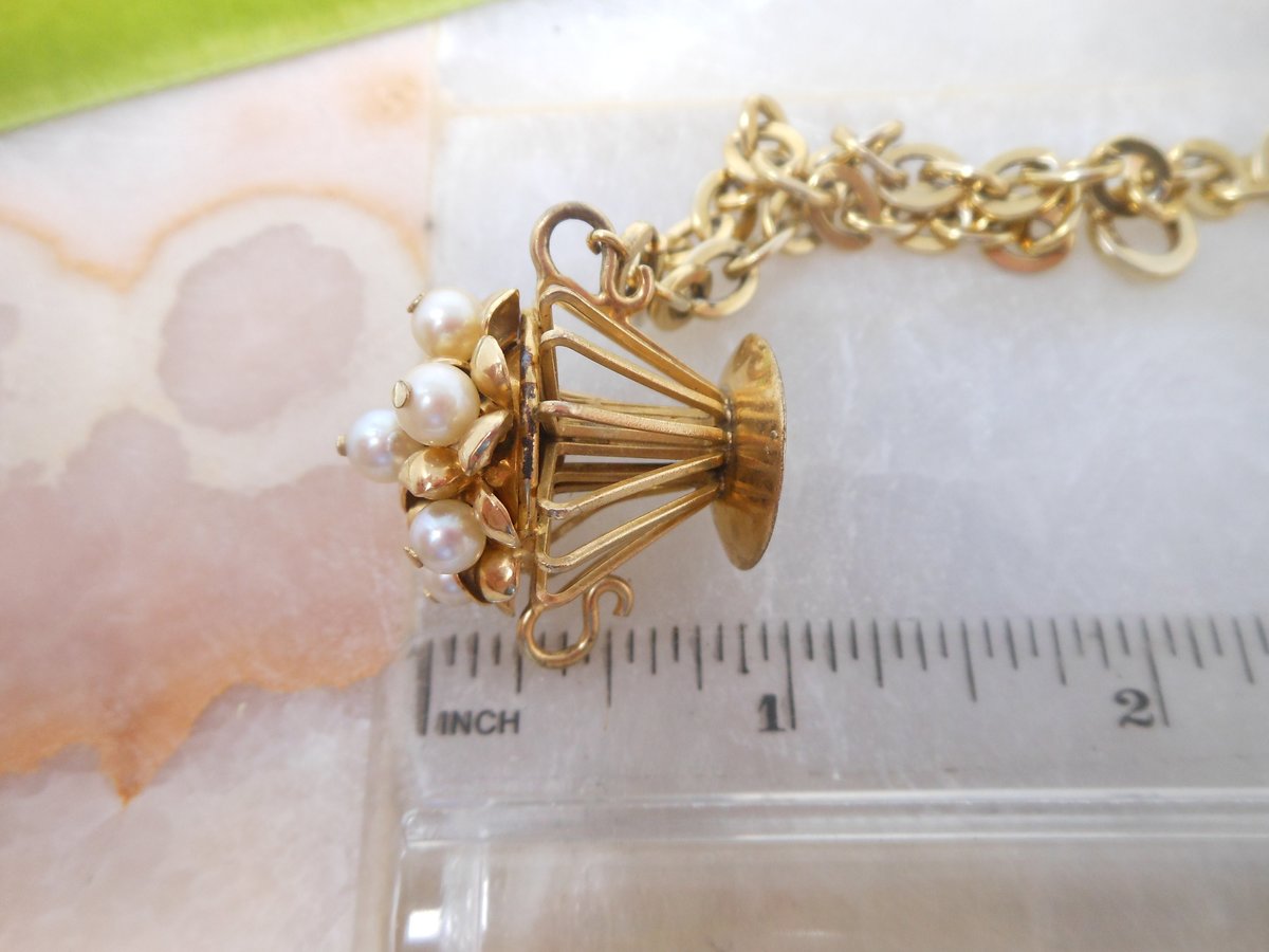 Vintage Victorian Charm Bracelet REIS COMPANY Gold Fill Flower Basket Pearl GF Designer Mid Century Gift, VivianJoel.com