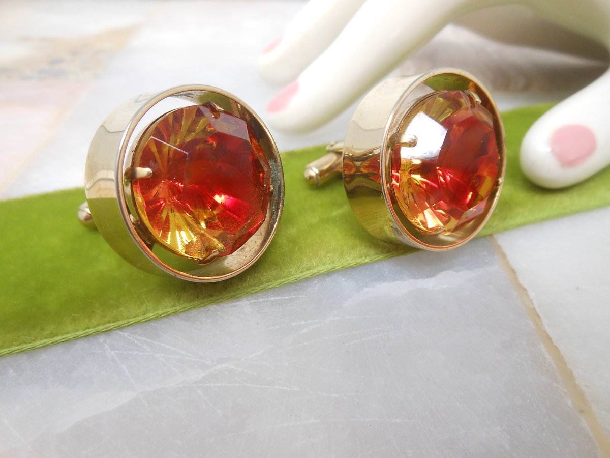 Vintage Huge Cufflinks Crystal Rivoli Gold Tone Disco Groom Best Man Mid Century Cuff Link Jewelry Gift,  VivianJoel.com