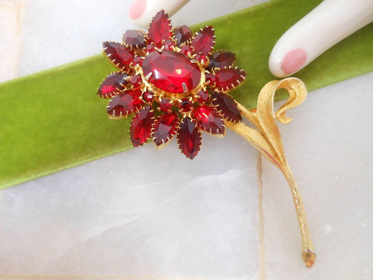 Vintage Red Rhinestone Brooch Flower High End Designer Pin JULIANA Mid Century Crystal Jewelry Gift, VivianJoel.com