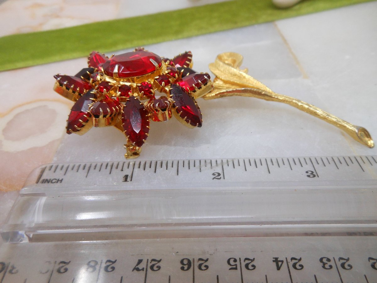 Vintage Red Rhinestone Brooch Flower High End Designer Pin JULIANA Mid Century Crystal Jewelry Gift, VivianJoel.com