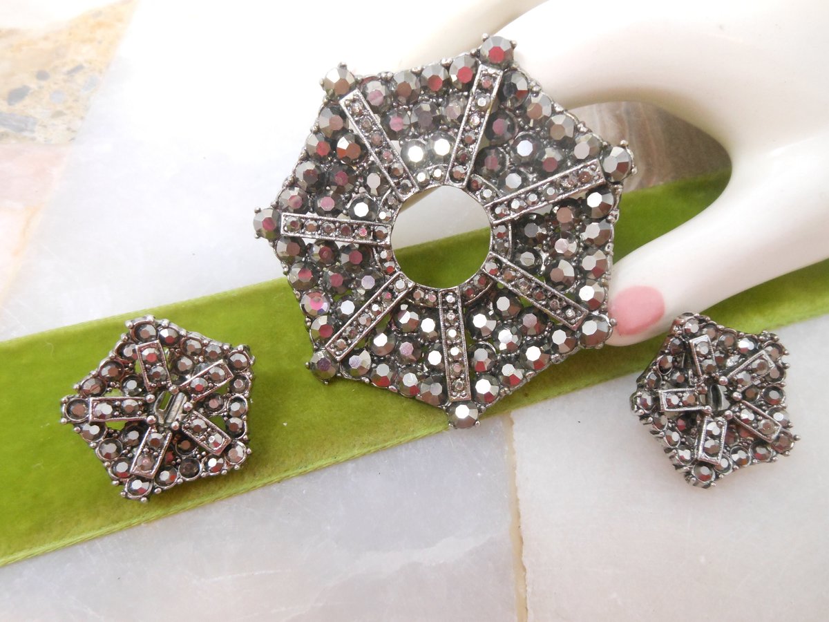 Vintage Black Crystal SET Brooch Earrings Rhinestone Spider Web Flower Pin Hematite Jewelry Goth Mourning Gift, VivianJoel.com