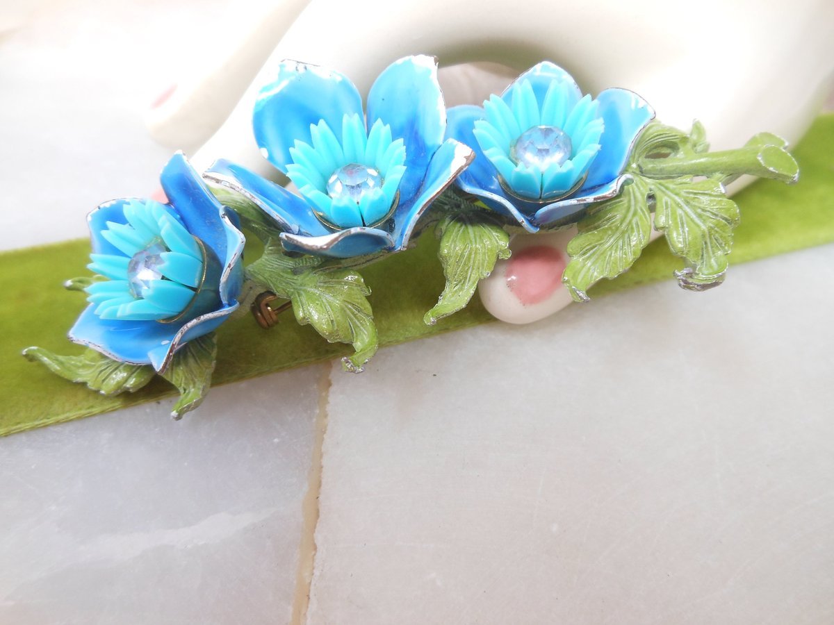 Vintage SELRO SELINI Designer Pin Brooch Blue Enamel Huge Cluster Rhinestone Designer Jewelry Mid Century, VivianJoel.com