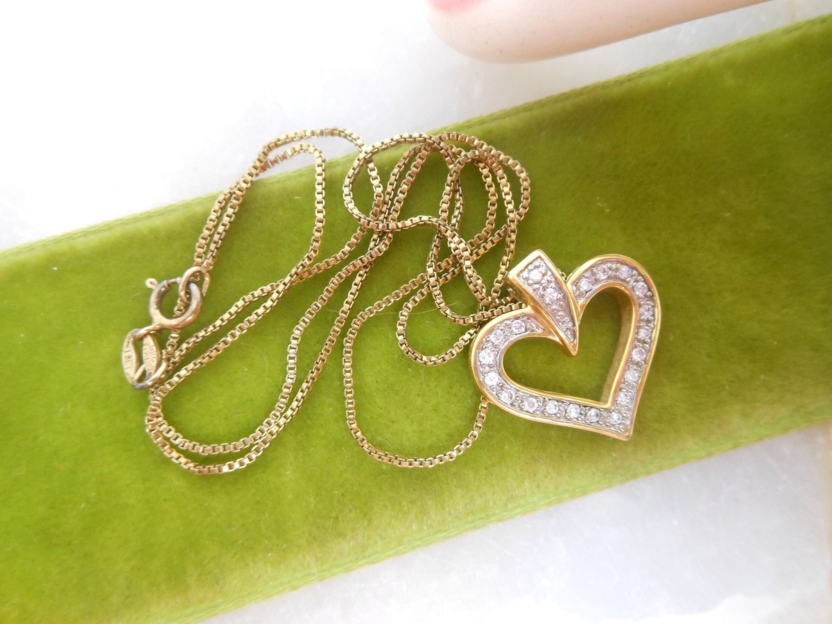 Vintage STERLING SILVER Heart Necklace Pendant Gold Vermiel CZ Crystal 925 Valentine Love Jewelry Gift, VivianJoel.com