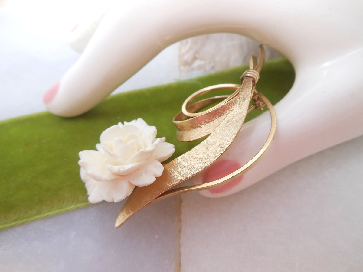 Vintage HAYWARD Gold Fill Brooch Carved Flower Rose Pin Flower GF Mid Century Designer Jewelry Gift, VivianJoel.com