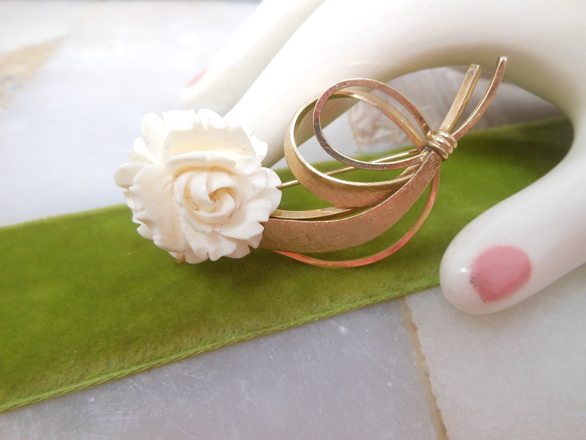 Vintage HAYWARD Gold Fill Brooch Carved Flower Rose Pin Flower GF Mid Century Designer Jewelry Gift, VivianJoel.com