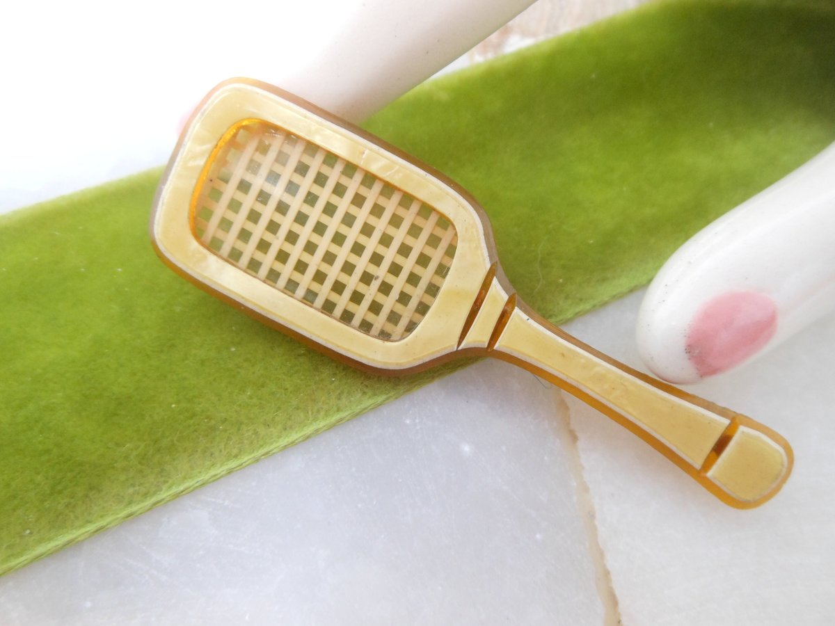 Vintage Celluloid Art Deco Pin Brooch Tennis Badminton Figural Mid Century Jewelry Gift, VivianJoel.com