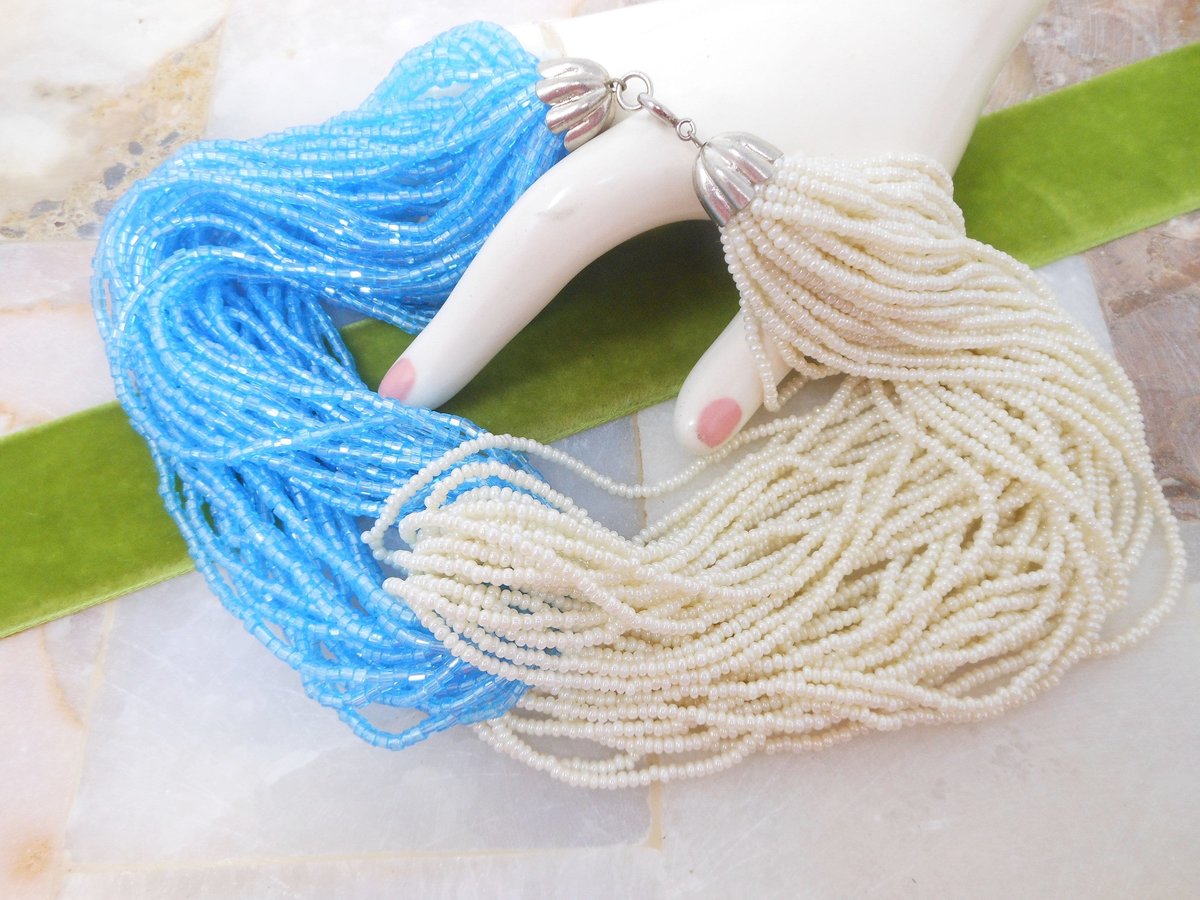 Vintage Blue White Torsade Necklace Glass Seed Bead Bugle 39 46 Strand Collar Mid Century Jewelry Gift, VivianJoel.com