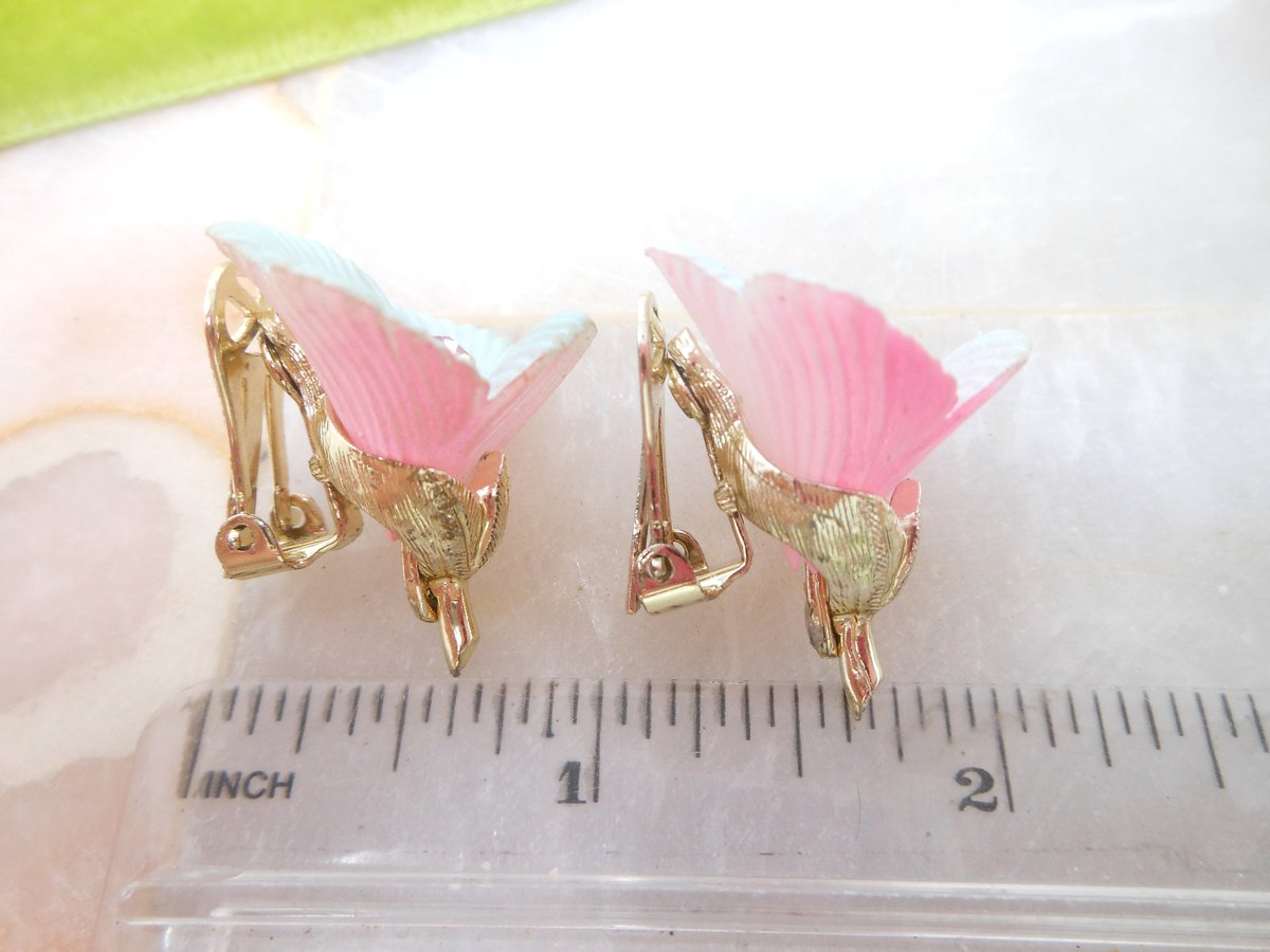 Vintage Pink Tulip Earrings Plastic Rhinestone Flower Clip On Jewelry Gift Mid Century, VivianJoel.com