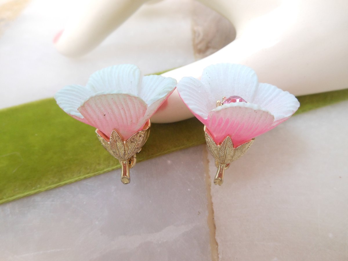 Vintage Pink Tulip Earrings Plastic Rhinestone Flower Clip On Jewelry Gift Mid Century, VivianJoel.com