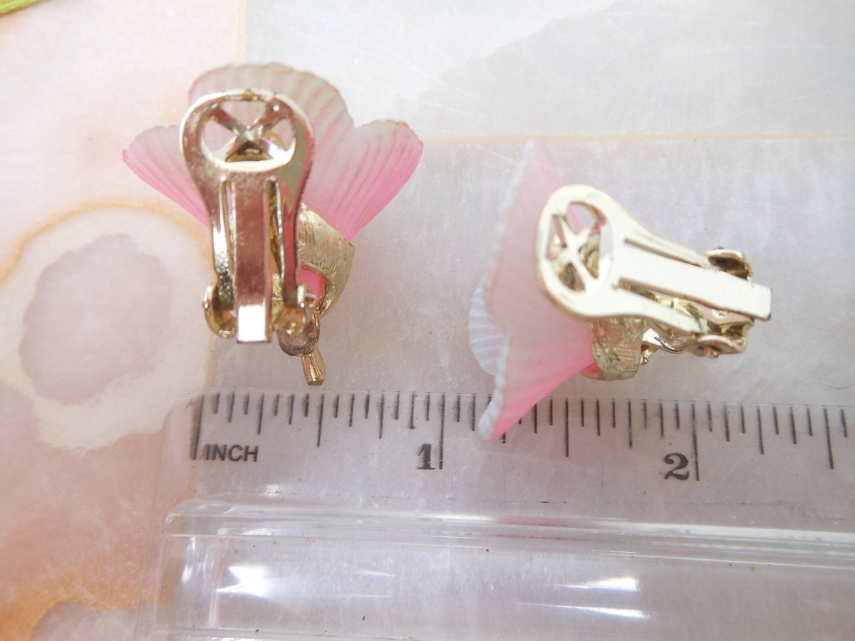 Vintage Pink Tulip Earrings Plastic Rhinestone Flower Clip On Jewelry Gift Mid Century, VivianJoel.com