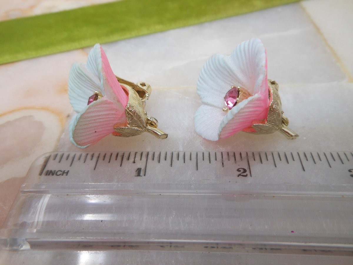 Vintage Pink Tulip Earrings Plastic Rhinestone Flower Clip On Jewelry Gift Mid Century, VivianJoel.com