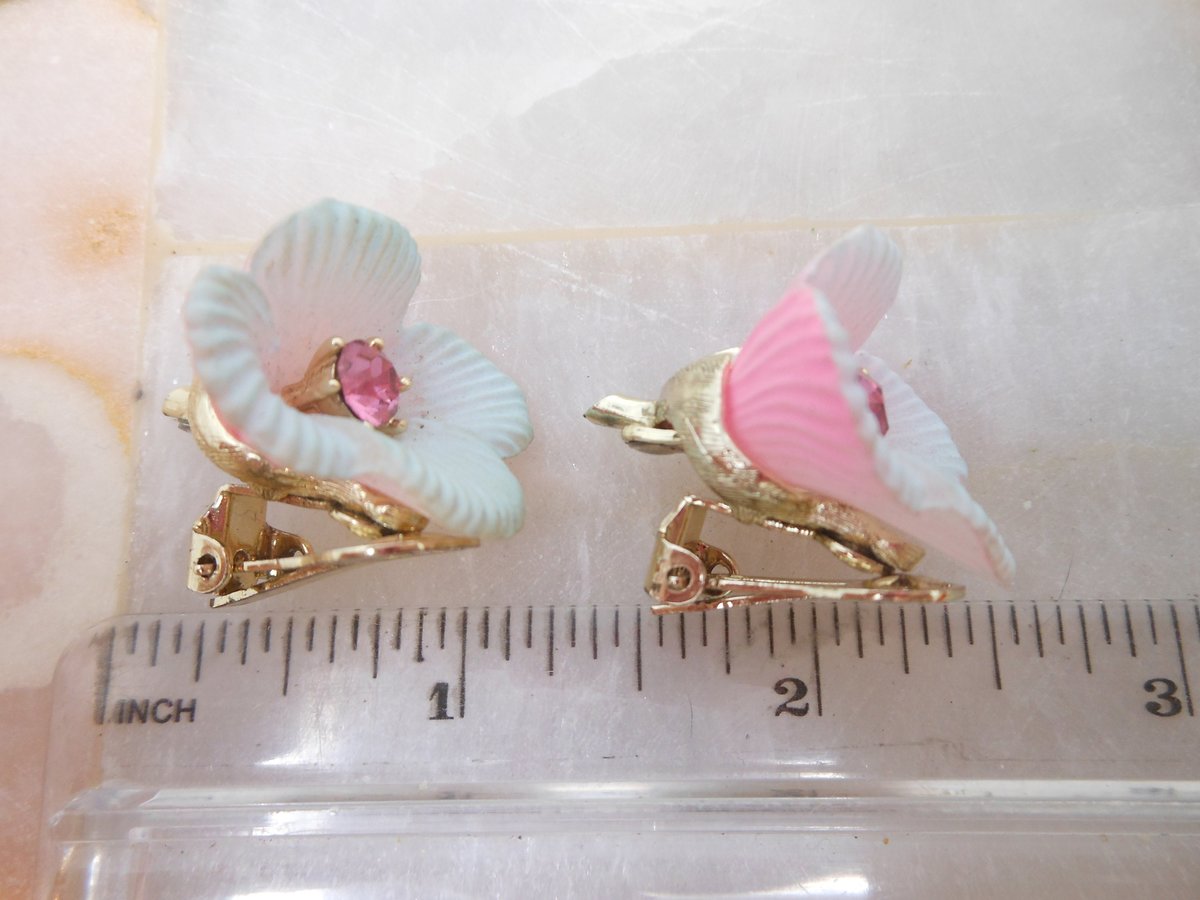 Vintage Pink Tulip Earrings Plastic Rhinestone Flower Clip On Jewelry Gift Mid Century, VivianJoel.com