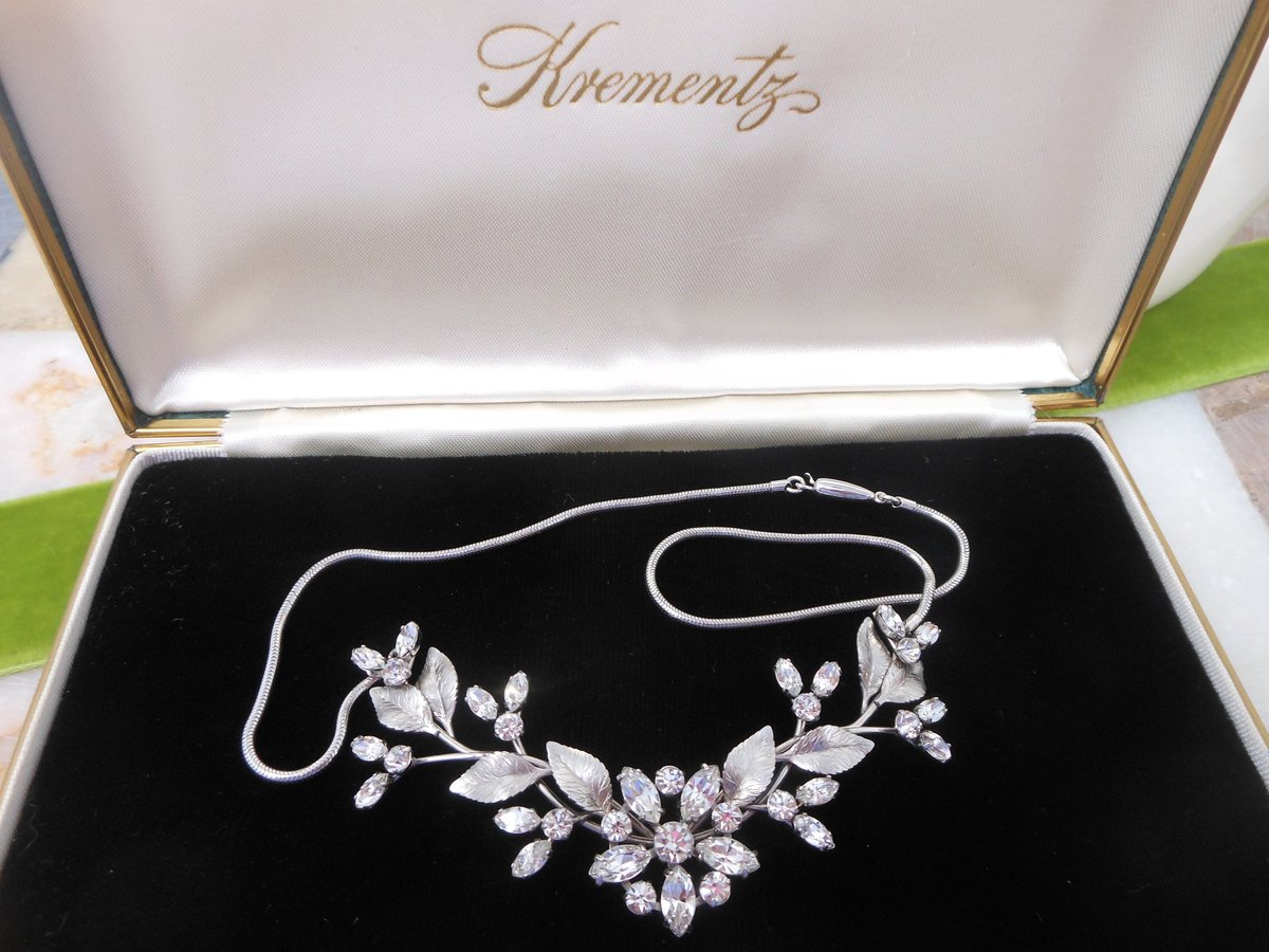 Vintage KREMENTZ Necklace Crystal Flower Collar Gold Overlay Designer Rhinestone Mid Century Original Box Jewelry Gift, VivianJoel.com