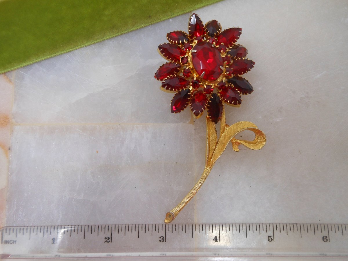 Vintage Red Rhinestone Brooch Flower High End Designer Pin JULIANA Mid Century Crystal Jewelry Gift, VivianJoel.com