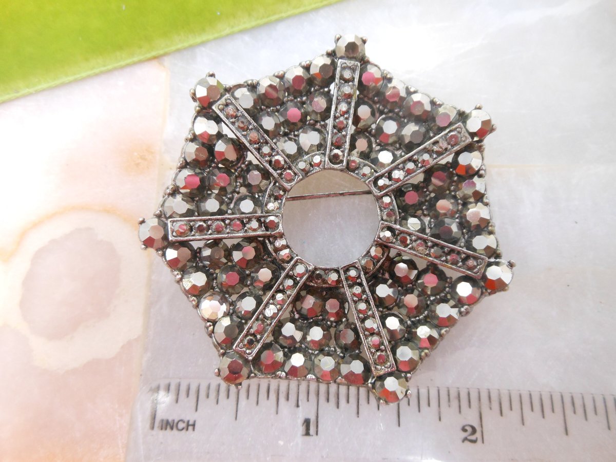 Vintage Black Crystal SET Brooch Earrings Rhinestone Spider Web Flower Pin Hematite Jewelry Goth Mourning Gift, VivianJoel.com