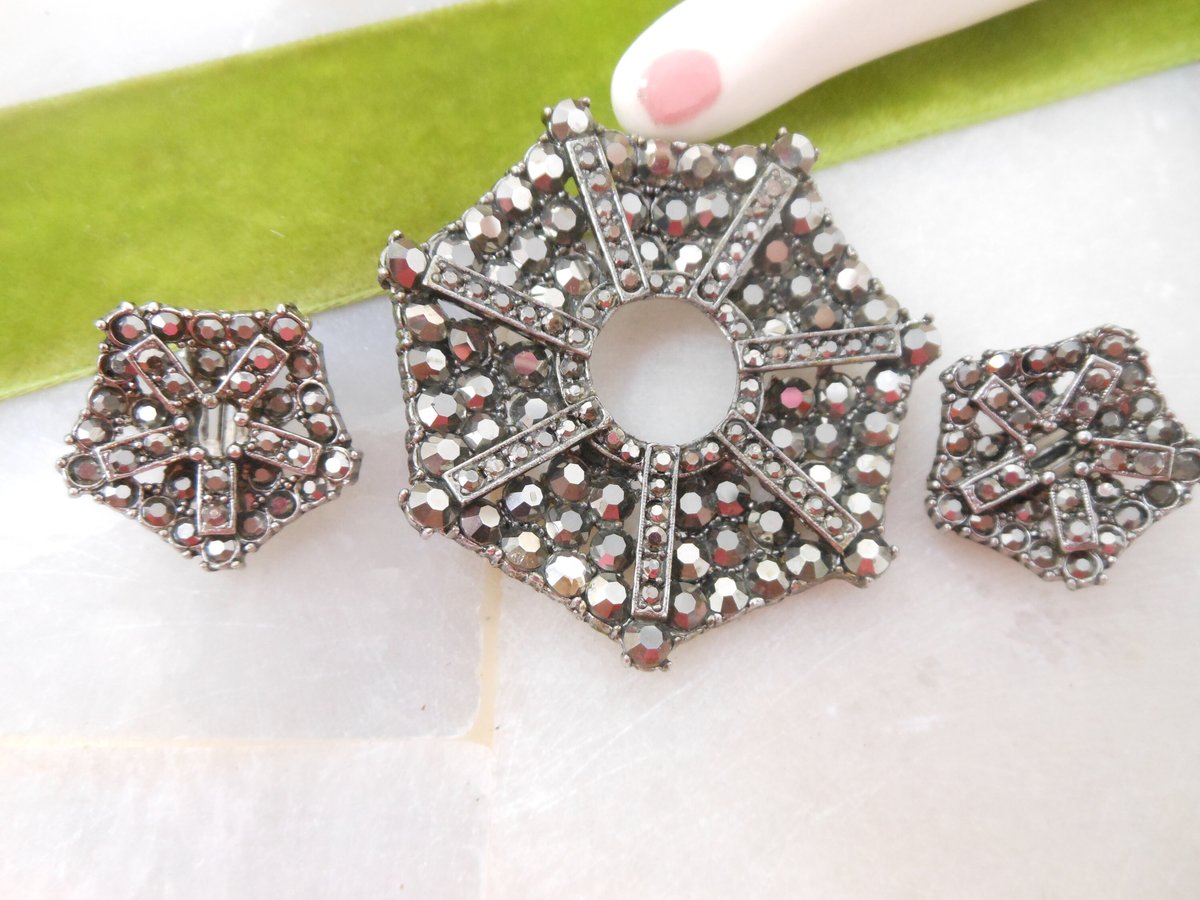 Vintage Black Crystal SET Brooch Earrings Rhinestone Spider Web Flower Pin Hematite Jewelry Goth Mourning Gift, VivianJoel.com