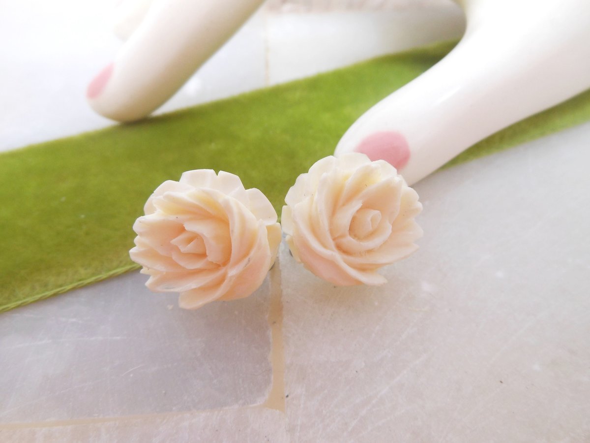 Vintage STERLING SILVER Rose Earrings Flower Carved Screw Back Bovine Mid Century Wedding Bride Gift Jewelry, VivianJoel.com