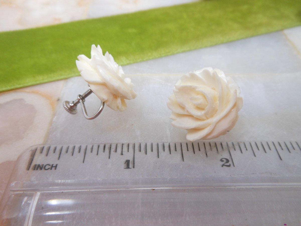 Vintage STERLING SILVER Rose Earrings Flower Carved Screw Back Bovine Mid Century Wedding Bride Gift Jewelry, VivianJoel.com