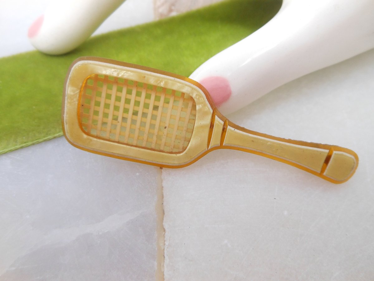 Vintage Celluloid Art Deco Pin Brooch Tennis Badminton Figural Mid Century Jewelry Gift, VivianJoel.com