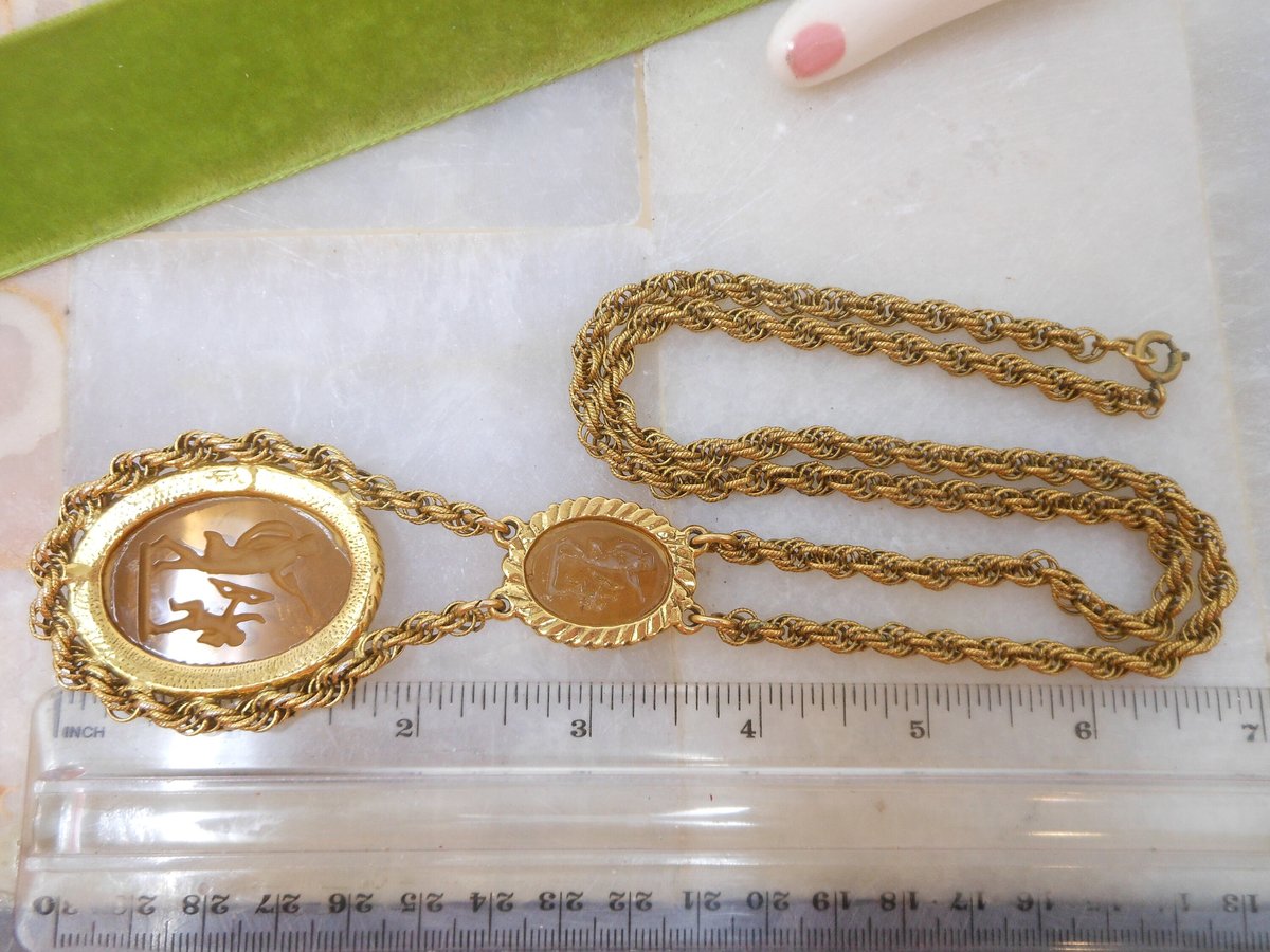 Vintage GOLDETTE Necklace Double Cameo Pendant Glass Intaglio Victorian Revival Designer Jewelry Gift Mid Century, VivianJoel.com
