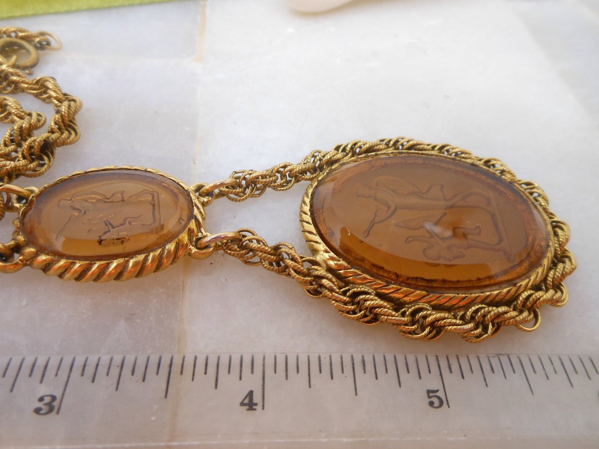Vintage GOLDETTE Necklace Double Cameo Pendant Glass Intaglio Victorian Revival Designer Jewelry Gift Mid Century, VivianJoel.com