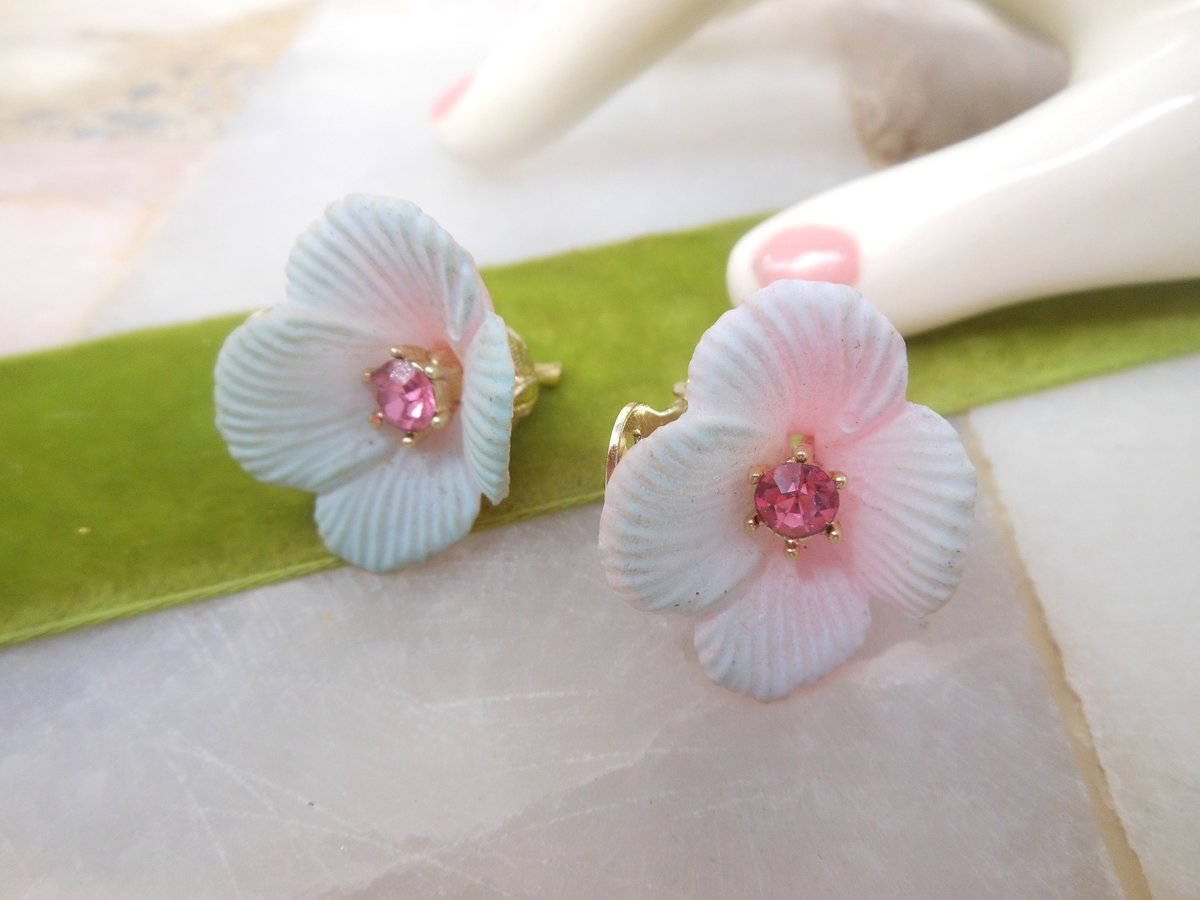 Vintage Pink Tulip Earrings Plastic Rhinestone Flower Clip On Jewelry Gift Mid Century, VivianJoel.com
