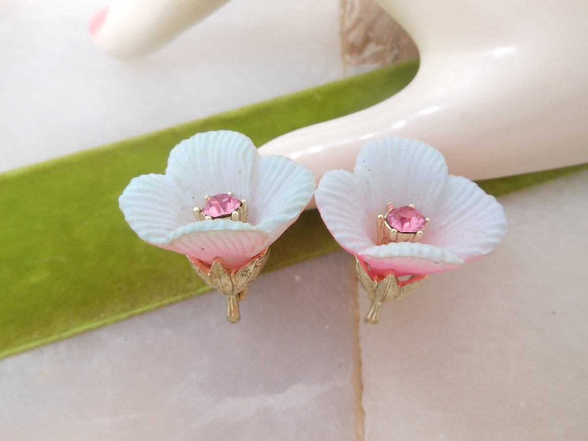 Vintage Pink Tulip Earrings Plastic Rhinestone Flower Clip On Jewelry Gift Mid Century, VivianJoel.com