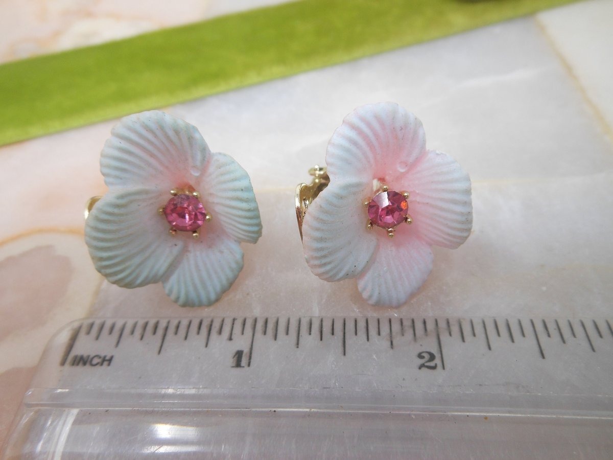 Vintage Pink Tulip Earrings Plastic Rhinestone Flower Clip On Jewelry Gift Mid Century, VivianJoel.com