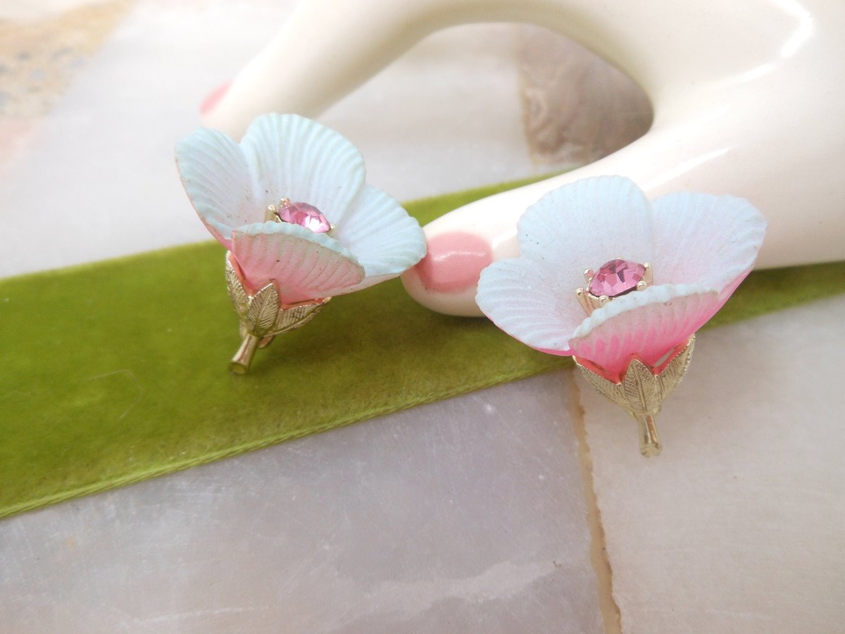 Vintage Pink Tulip Earrings Plastic Rhinestone Flower Clip On Jewelry Gift Mid Century, VivianJoel.com