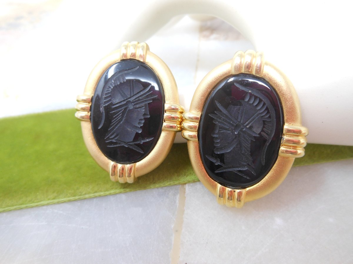 Vintage KAREL Sterling Silver Earrings Etruscan Onyx Intaglio Cameo Gold Fill 925 Vermiel Clip On Designer Jewelry Gift,  VivianJoel.com