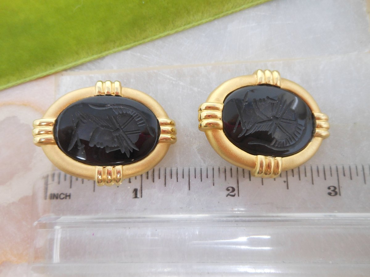 Vintage KAREL Sterling Silver Earrings Etruscan Onyx Intaglio Cameo Gold Fill 925 Vermiel Clip On Designer Jewelry Gift,  VivianJoel.com