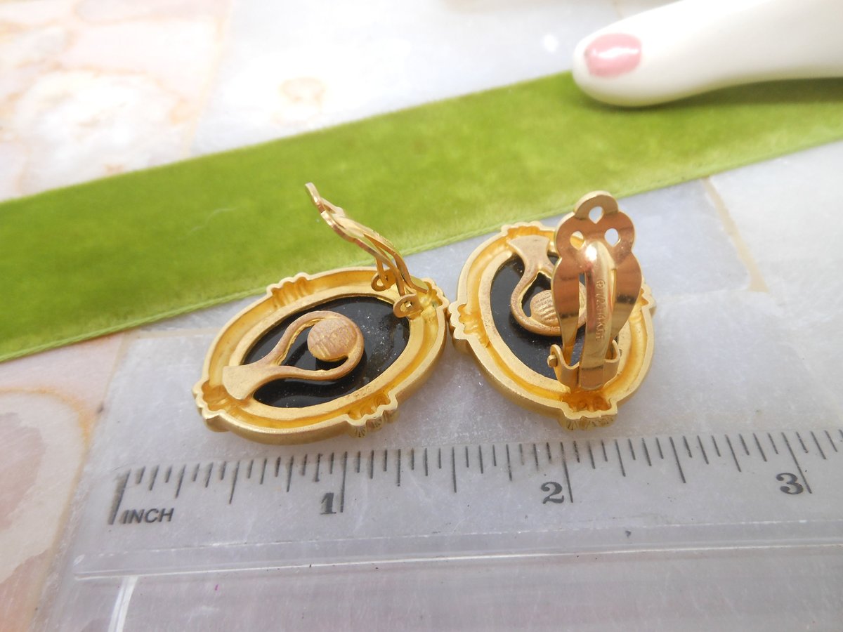 Vintage KAREL Sterling Silver Earrings Etruscan Onyx Intaglio Cameo Gold Fill 925 Vermiel Clip On Designer Jewelry Gift,  VivianJoel.com