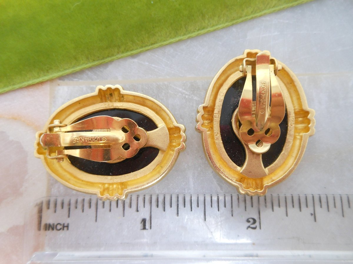 Vintage KAREL Sterling Silver Earrings Etruscan Onyx Intaglio Cameo Gold Fill 925 Vermiel Clip On Designer Jewelry Gift,  VivianJoel.com