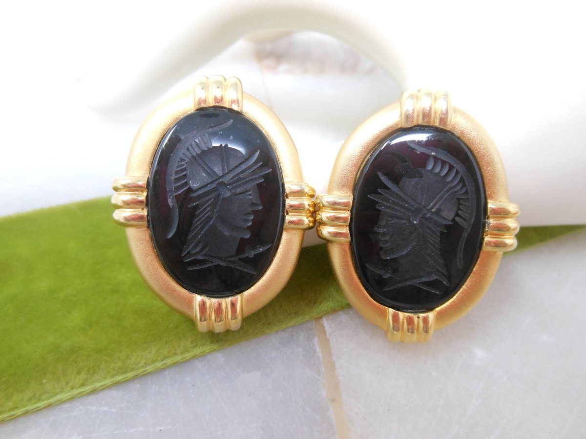 Vintage KAREL Sterling Silver Earrings Etruscan Onyx Intaglio Cameo Gold Fill 925 Vermiel Clip On Designer Jewelry Gift,  VivianJoel.com