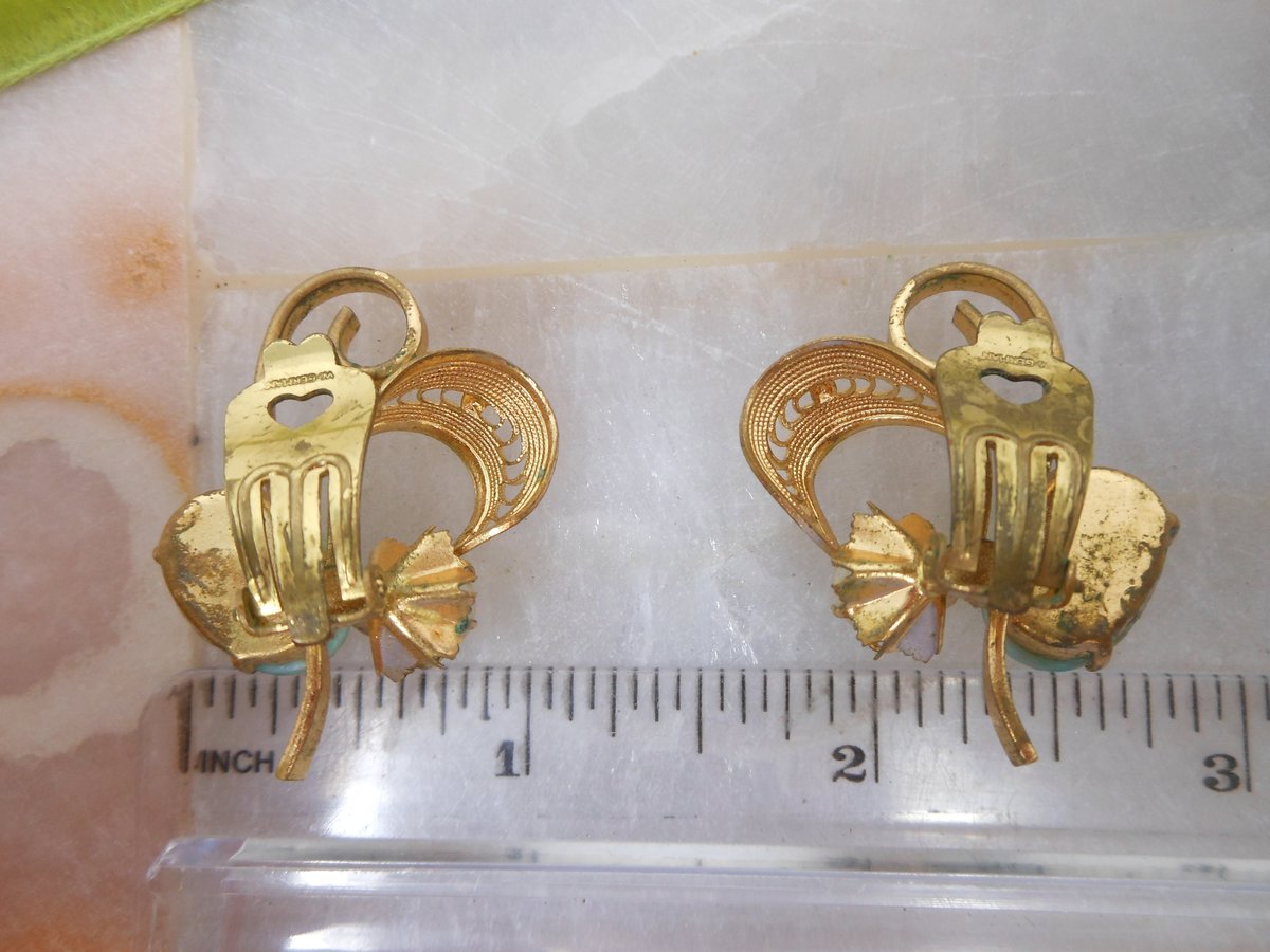 Vintage WEST GERMANY Peking Green Glass Earrings Filigree Pearl Designer Clip On Mid Century Jewelry Gift, VivianJoel.com