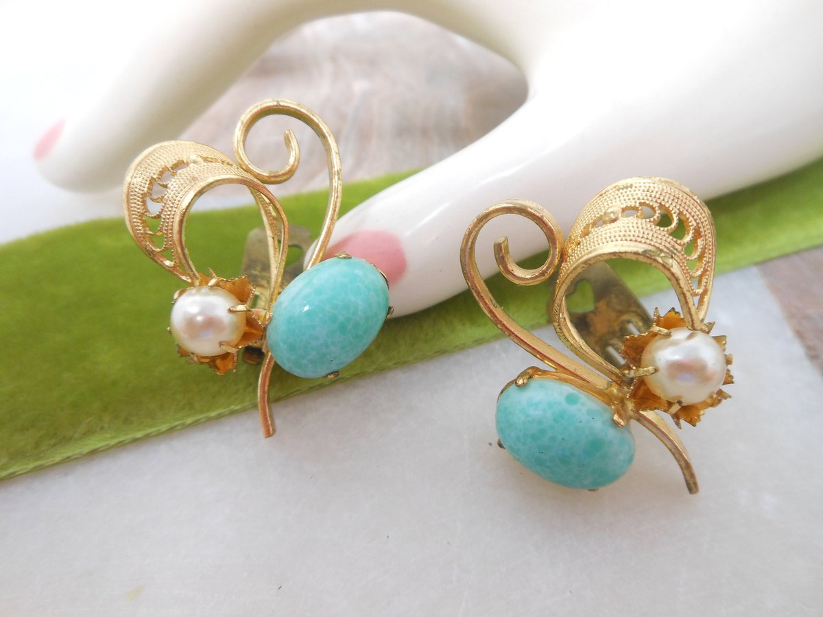 Vintage WEST GERMANY Peking Green Glass Earrings Filigree Pearl Designer Clip On Mid Century Jewelry Gift, VivianJoel.com