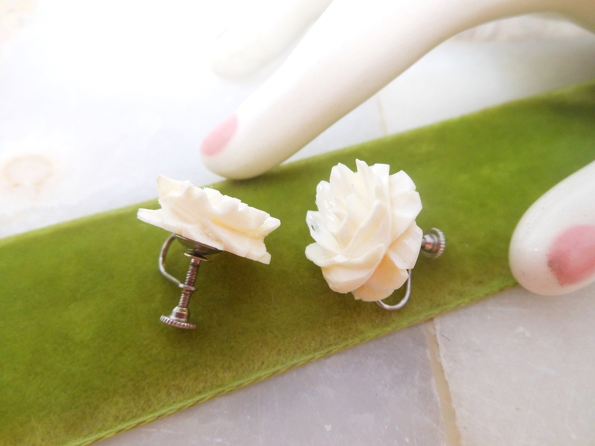 Vintage STERLING SILVER Rose Earrings Flower Carved Screw Back Bovine Mid Century Wedding Bride Gift Jewelry, VivianJoel.com
