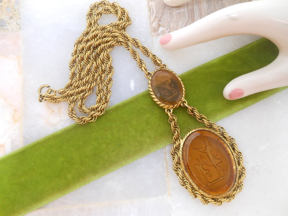 Vintage GOLDETTE Necklace Double Cameo Pendant Glass Intaglio Victorian Revival Designer Jewelry Gift Mid Century, VivianJoel.com