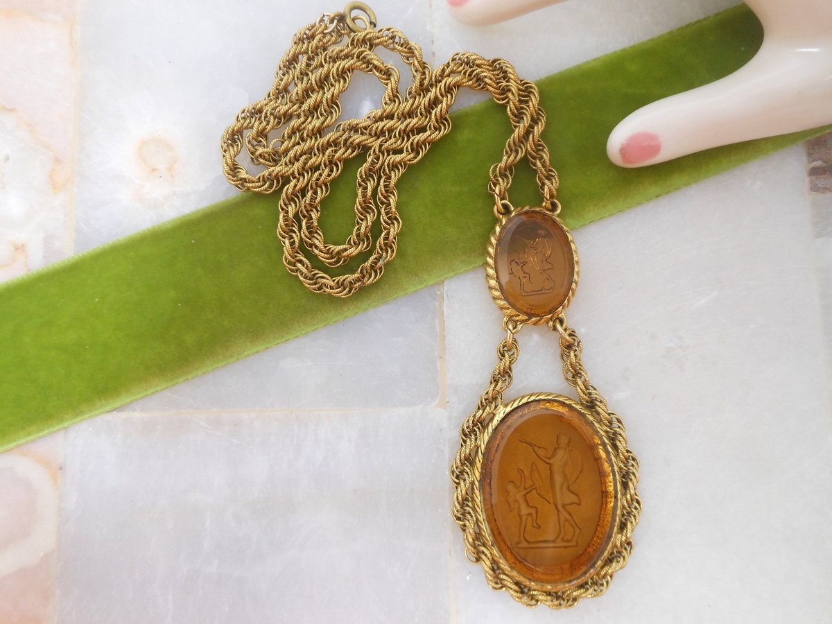 Vintage GOLDETTE Necklace Double Cameo Pendant Glass Intaglio Victorian Revival Designer Jewelry Gift Mid Century, VivianJoel.com