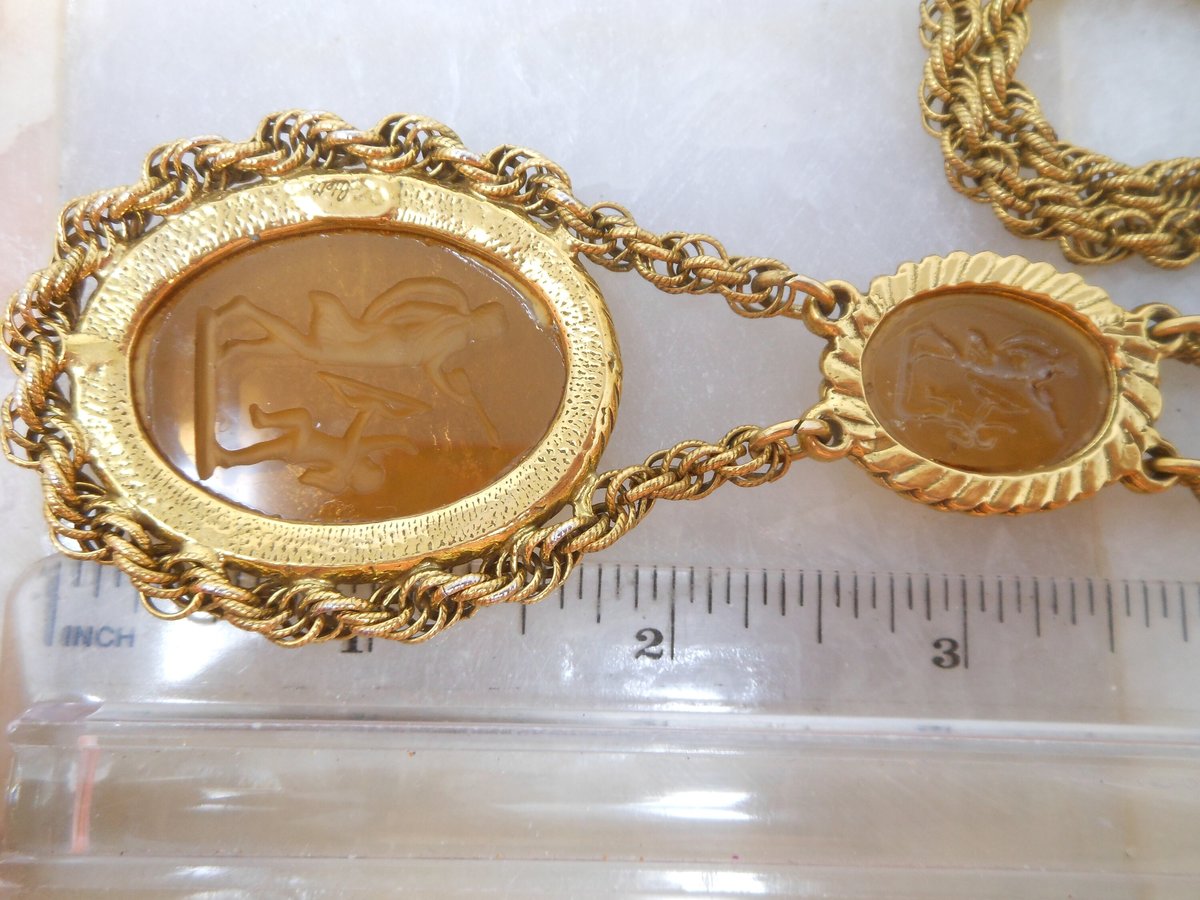 Vintage GOLDETTE Necklace Double Cameo Pendant Glass Intaglio Victorian Revival Designer Jewelry Gift Mid Century, VivianJoel.com