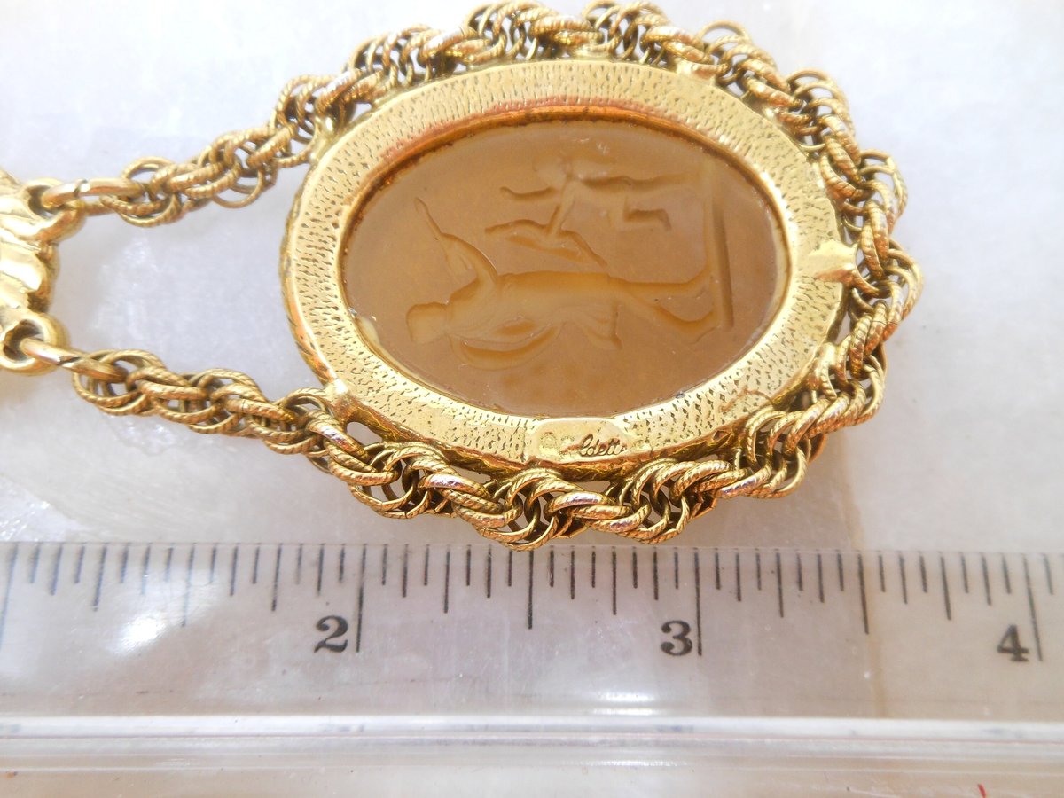 Vintage GOLDETTE Necklace Double Cameo Pendant Glass Intaglio Victorian Revival Designer Jewelry Gift Mid Century, VivianJoel.com